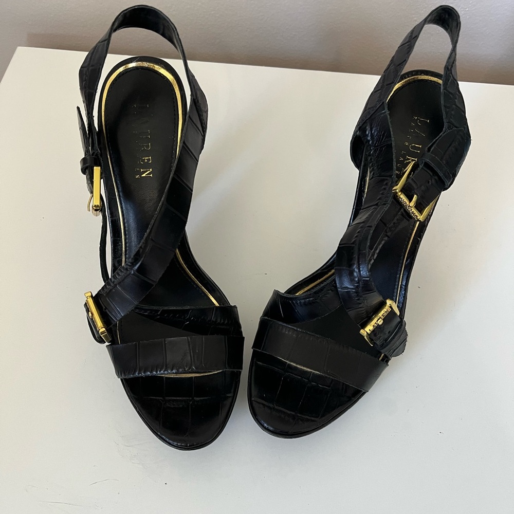 Ralph Lauren Black Croc-Embossed Leather Platform Heels with Gold Buckles - Picture 4 of 9